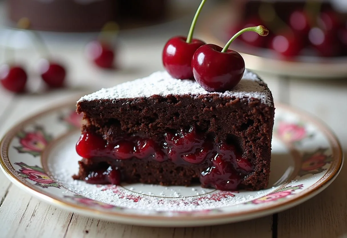 Fertiger saftiger Kirschkuchen vom Blech mit frischen Kirschen und Puderzucker.