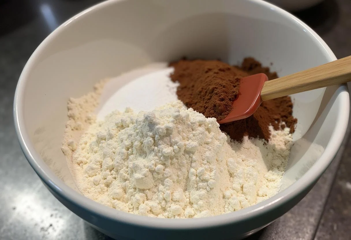 Schokoladen- und Kirschkuchen Zutaten in einer großen Schüssel für den Blechkuchen.