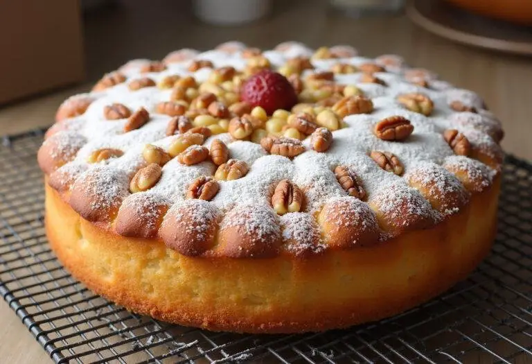 Finished Saftiger Nusskuchen with powdered sugar and nuts, perfect for any occasion.