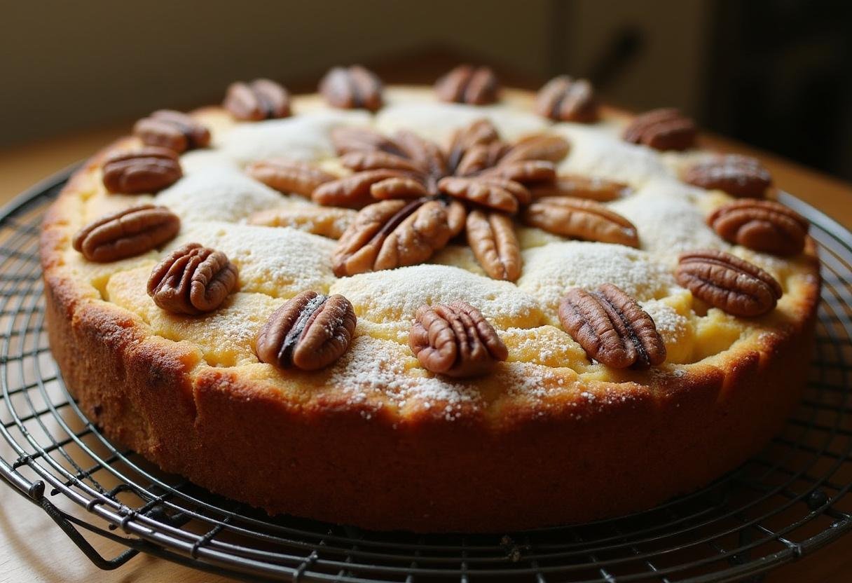 Finished Saftiger Nusskuchen with powdered sugar and nuts, perfect for any occasion.