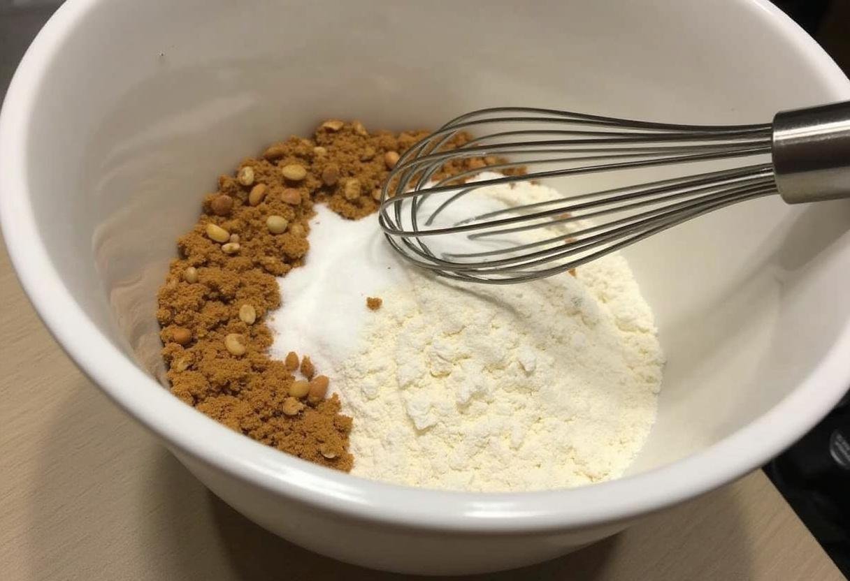 Bowl with flour, ground nuts, and sugar for making Saftiger Nusskuchen in Thermomix.