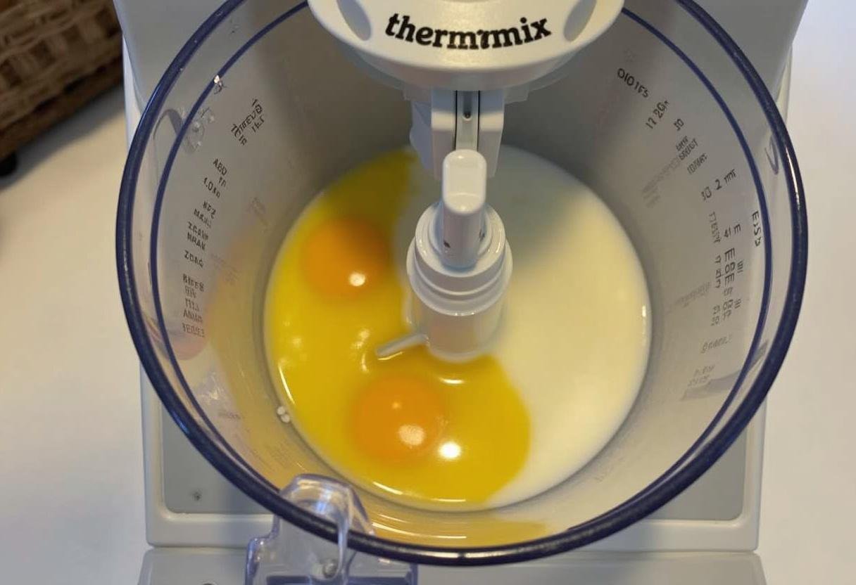 Thermomix in action blending eggs and milk for Saftiger Nusskuchen preparation.