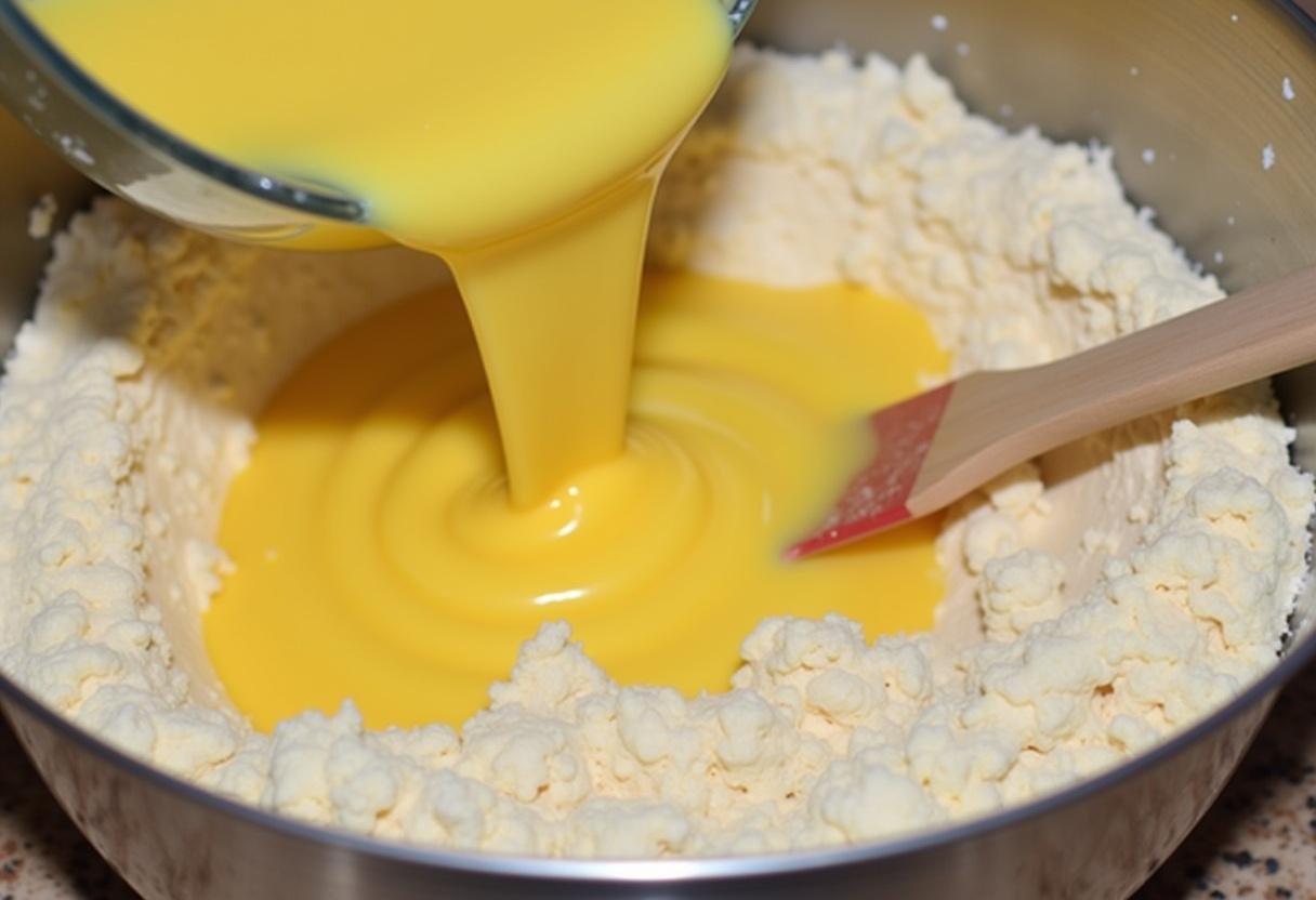 Blended egg mixture being added to dry ingredients for Saftiger Nusskuchen in preparation.