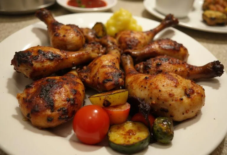 Fertiges saftiges HĂ€hnchen vom Grill mit buntem GrillgemĂŒse, ideal fĂŒr Grillabende.