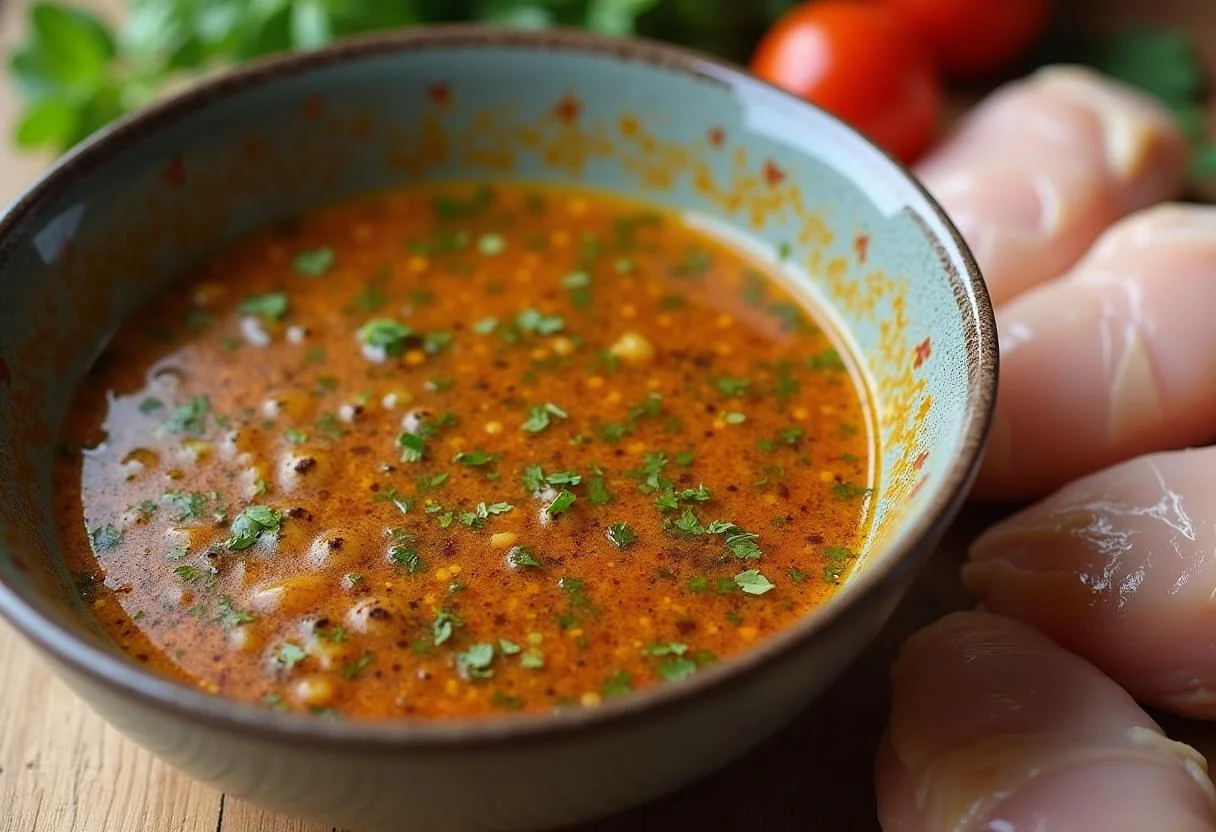 Marinade fĂŒr HĂ€hnchen zum Grillen in einer SchĂŒssel mit frischen HĂ€hnchenbruststĂŒcken vorbereitet.