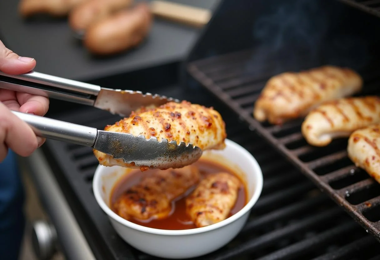 HĂ€hnchen grillen, das aus einer aromatischen Marinade genommen wird fĂŒr das Grillen.