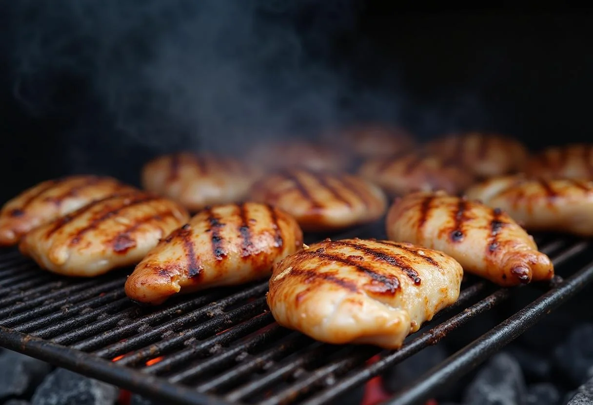 Saftiges HĂ€hnchen grillen auf dem Grill mit perfektem Grillmuster.