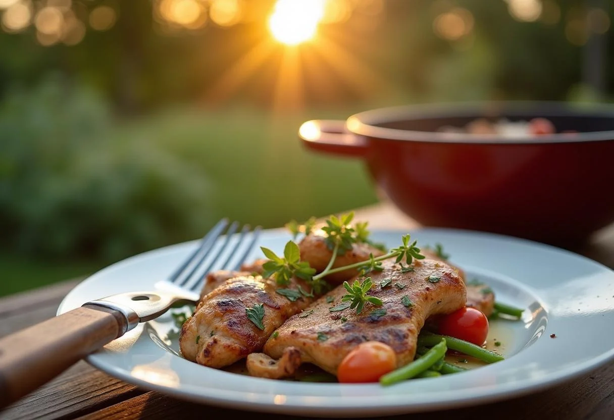 Grilliertes HĂ€hnchen serviert mit frischen KrĂ€utern fĂŒr das perfekte Grillabenteuer.