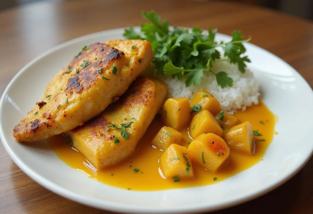 Plated saftiges Hähnchen mit Curry-Reis, a delicious and colorful dish.