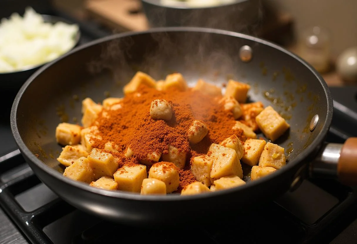 GewĂŒrfeltes HĂ€hnchen wird mit GewĂŒrzen fĂŒr saftiges HĂ€hnchen mit Curry-Reis angebraten.