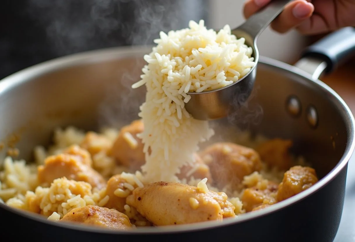 Reis wird der HĂ€hnchen- und GewĂŒrzmischung fĂŒr saftiges HĂ€hnchen mit Curry-Reis hinzugefĂŒgt.
