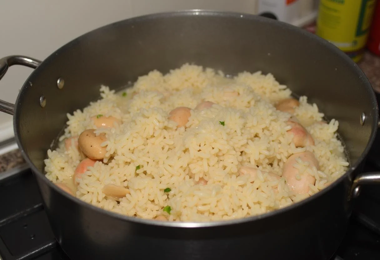 Topf köchelt mit HĂ€hnchen und Reis fĂŒr saftiges HĂ€hnchen mit Curry-Reis.