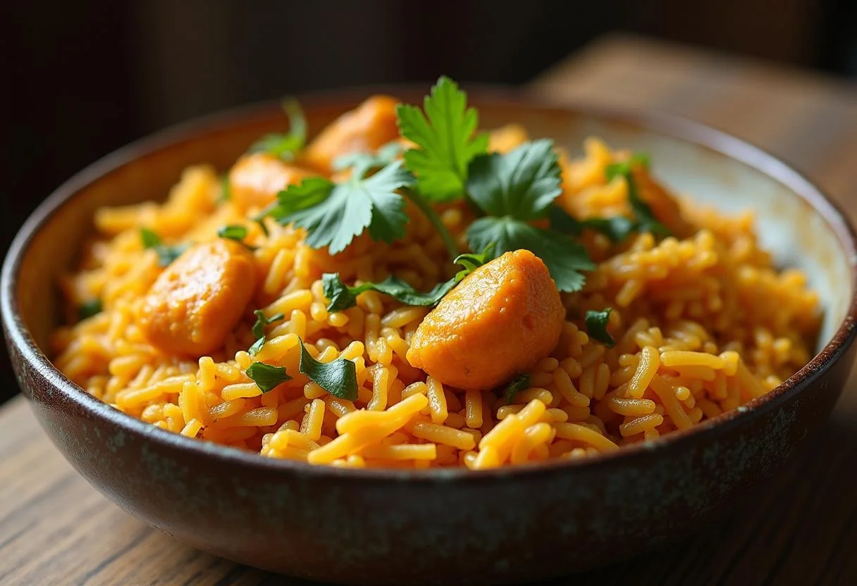 Servierschale gefĂŒllt mit saftigem HĂ€hnchen mit Curry-Reis, servierfertig.
