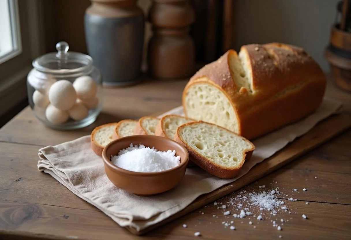Brot und Salz auf einem Küchentisch für den Einzug Brauch.