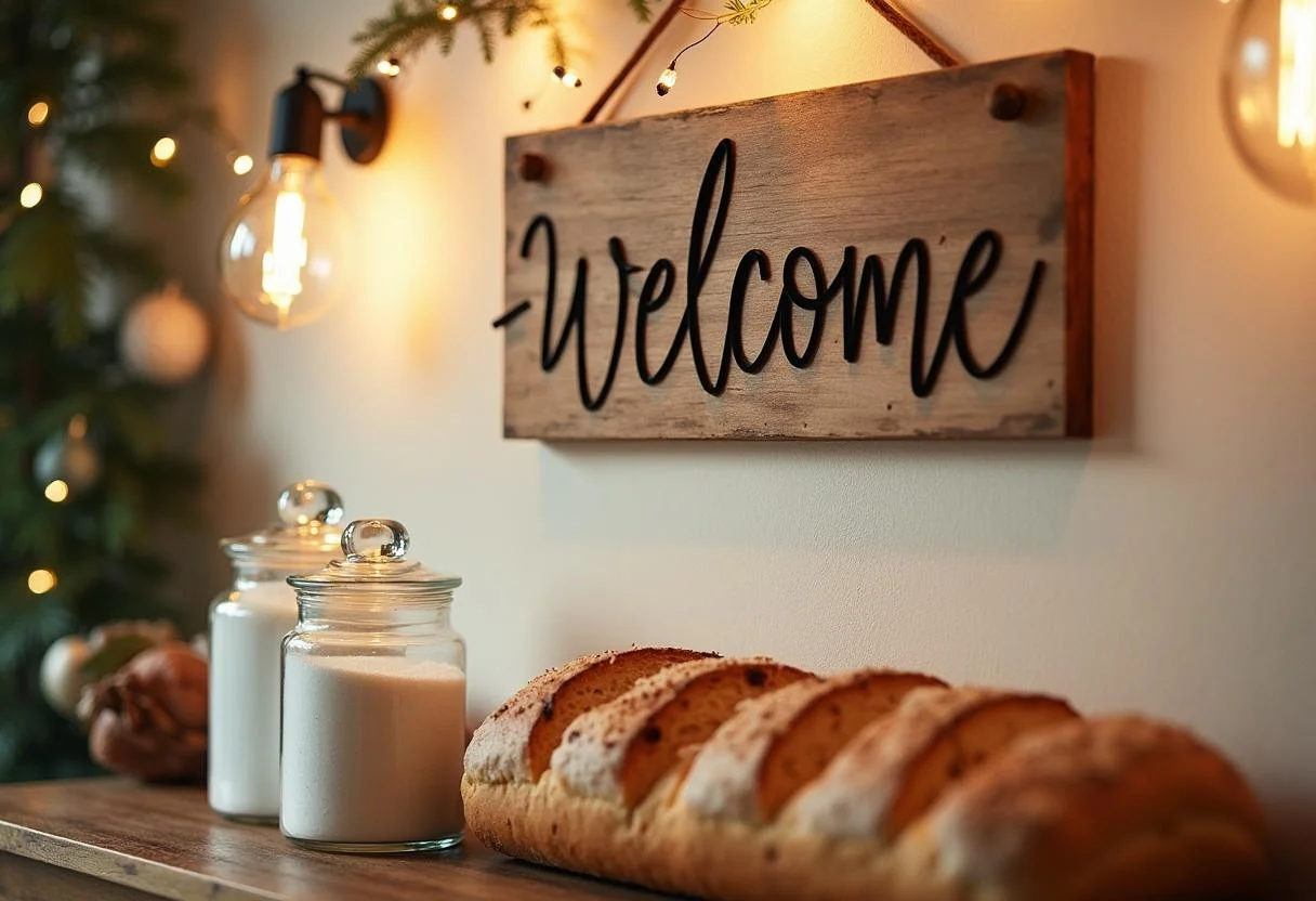 Willkommensschild neben Brot und Salz als Teil des Einzug Brauchs.