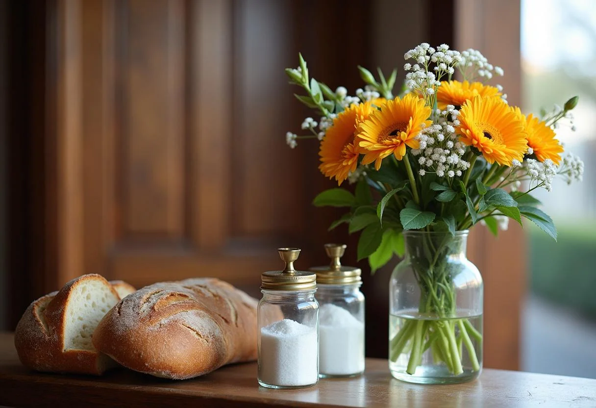 Blumenarrangement neben Brot und Salz für einen festlichen Einzug.