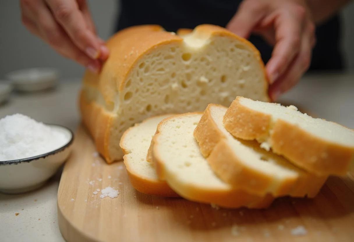 Frisches Brot wird geschnitten, um den Einzug Brauch mit Salz zu zelebrieren.
