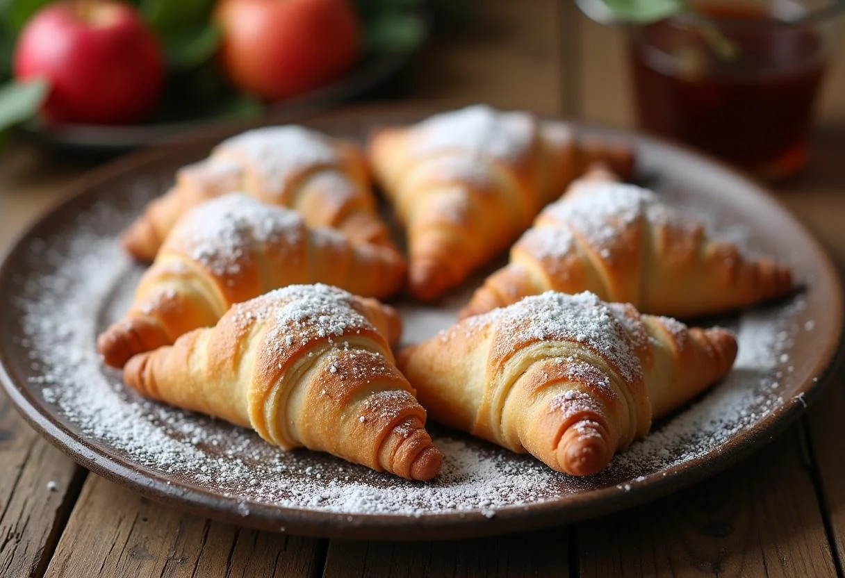 Fertige blätterteig Apfeltaschen, goldbraun und bestäubt mit Puderzucker, ideal für einen süßen Genuss.