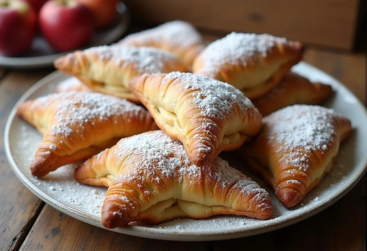 Fertige blätterteig Apfeltaschen, goldbraun und bestäubt mit Puderzucker, ideal für einen süßen Genuss.