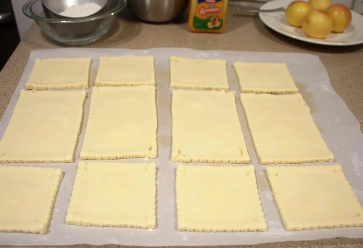 Rolled-out blätterteig für schnelle Apfeltaschen auf der Küchenarbeitplatte.
