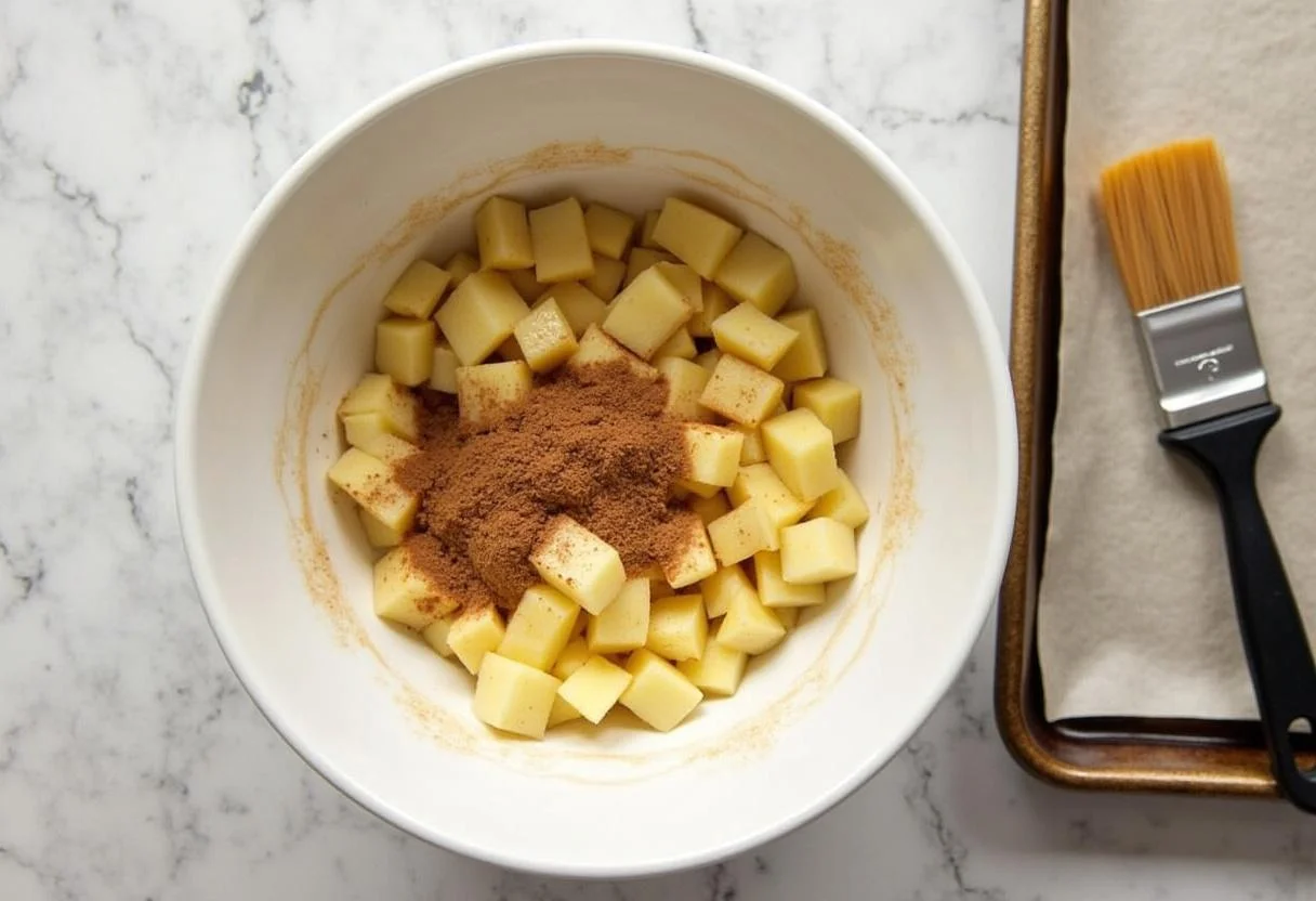 Apfelstücke mit Zimt und Zucker für schnelle blätterteig Apfeltaschen vorbereitet.