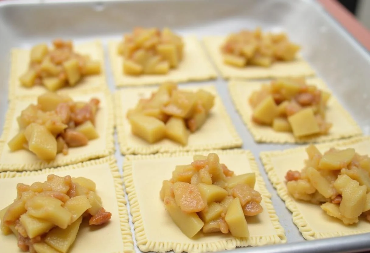 Gefüllte blätterteig Apfeltaschen, bereit zum Backen mit Apfelmischung.