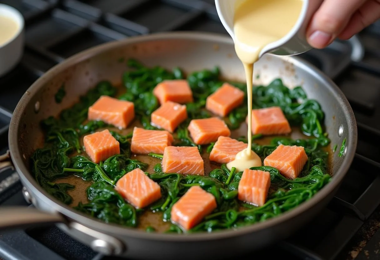 Cooking diced salmon and spinach for lachs nudeln spinat in a creamy sauce.