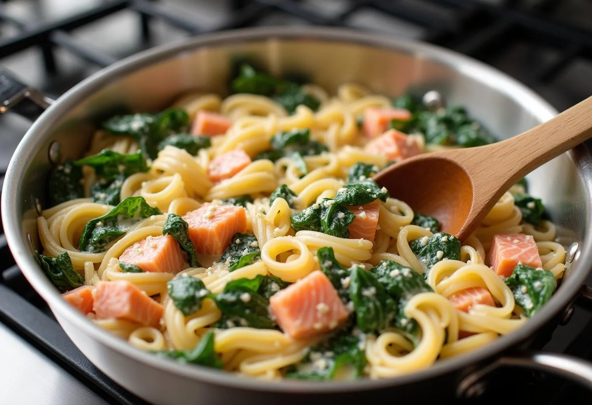 Tossing pasta with salmon and spinach for schnelles lachs nudeln rezept in a mixing bowl.