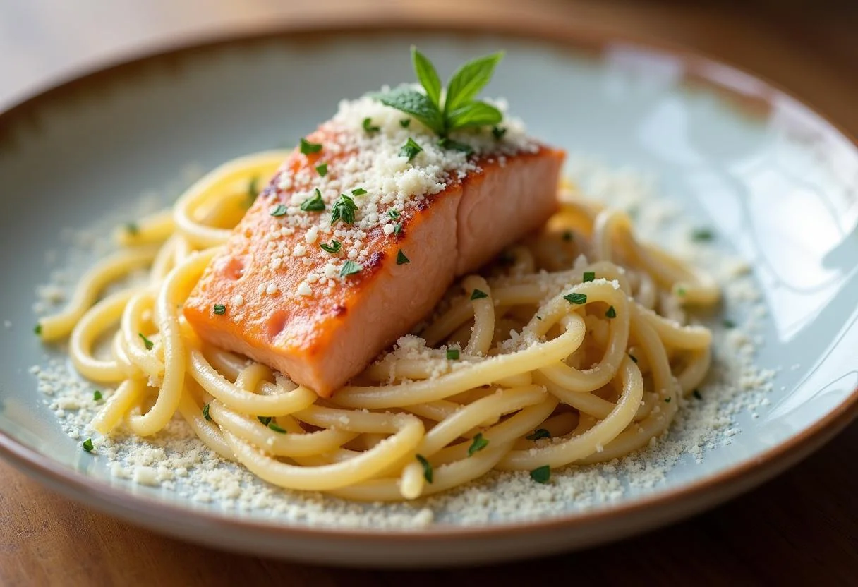 Serving schnelles lachs nudeln on a plate, decorated with herbs and cheese.