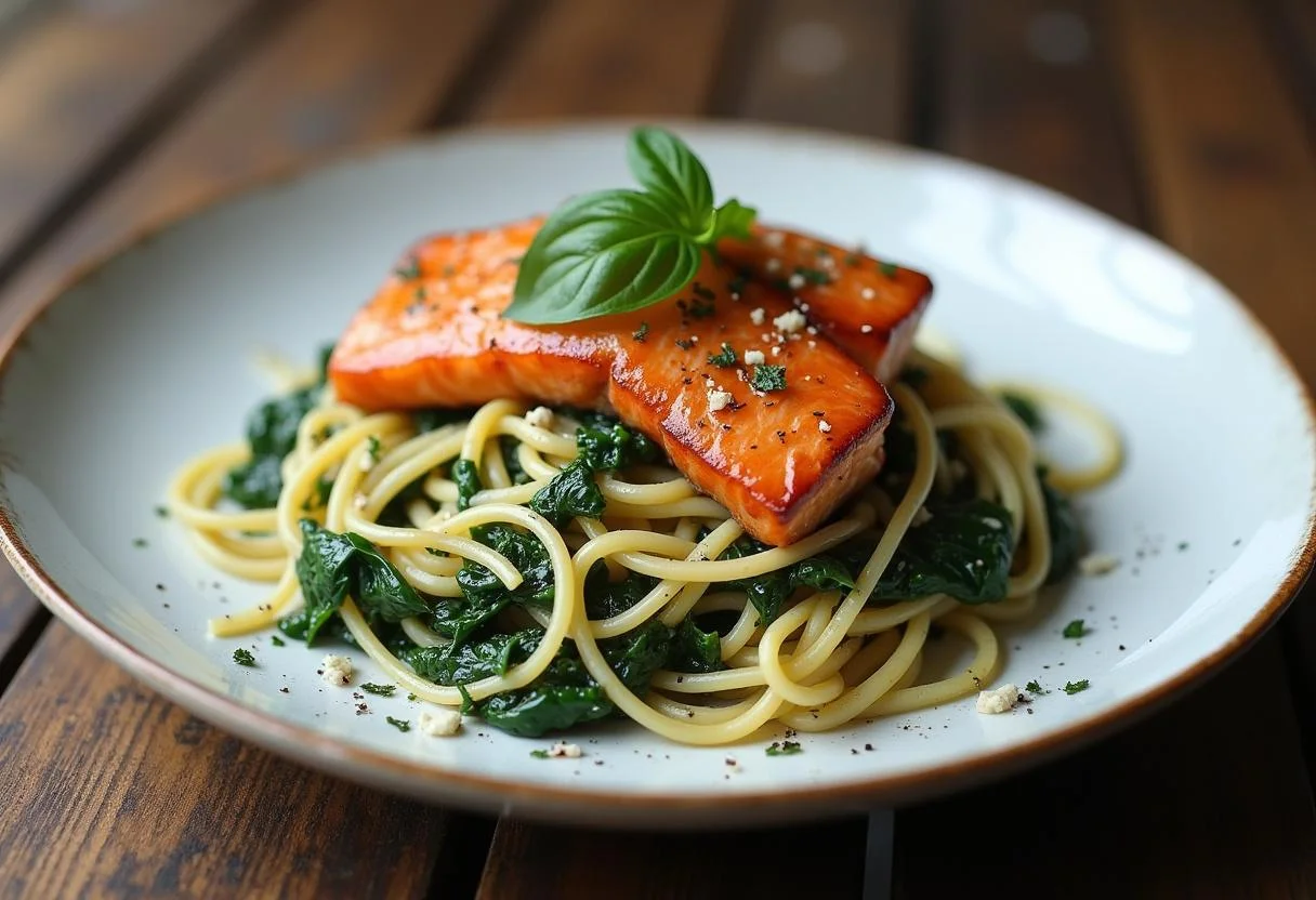 Fertige Nudeln mit Spinat und Knoblauch, serviert mit Lachs für einen köstlichen Genuss.