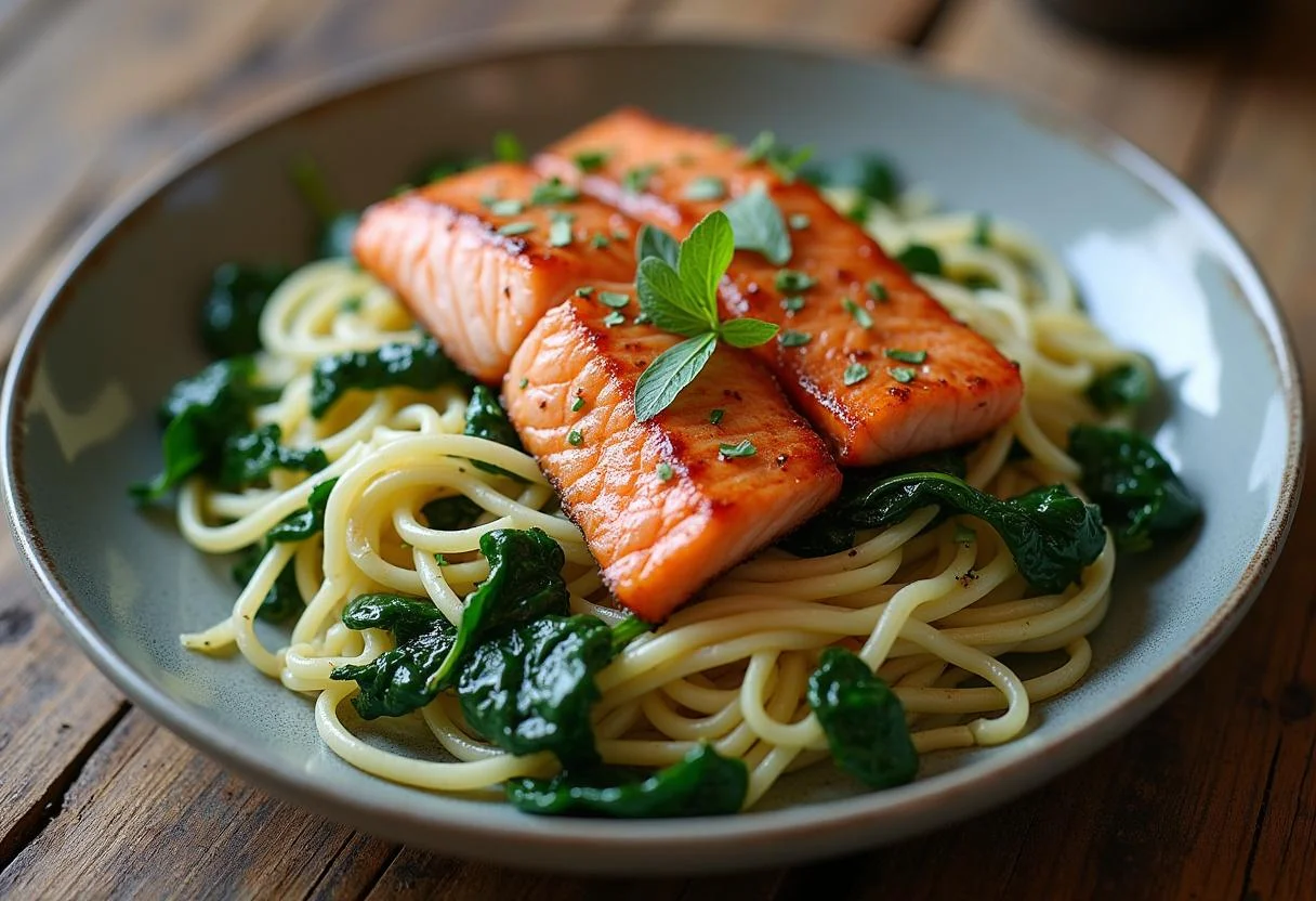 Fertige Nudeln mit Spinat und Knoblauch, serviert mit Lachs für einen köstlichen Genuss.