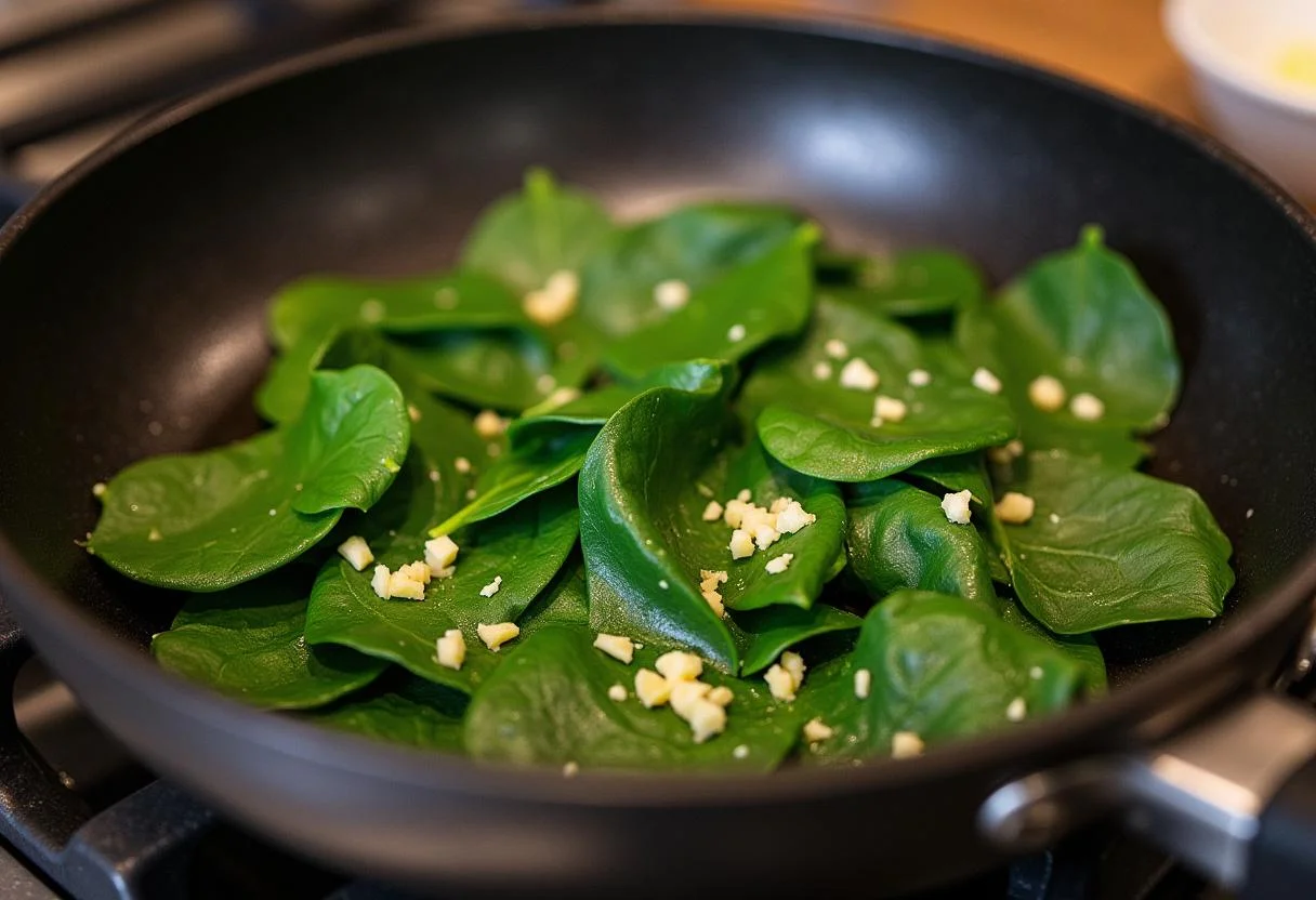 Knoblauch und frischer Spinat in einer Pfanne für Nudeln mit Spinat und Knoblauch.