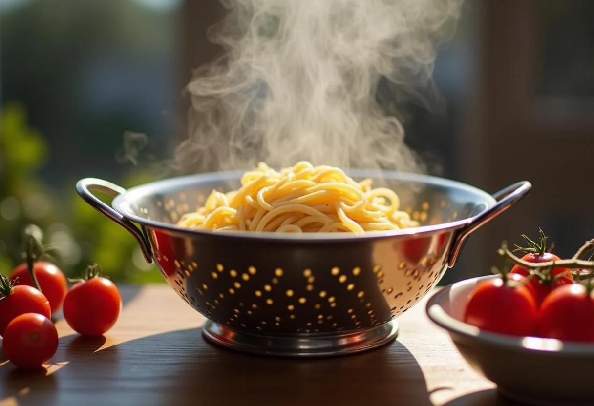 Abtropfen von Nudeln, bereit zur Kombination mit Spinat und Knoblauch.