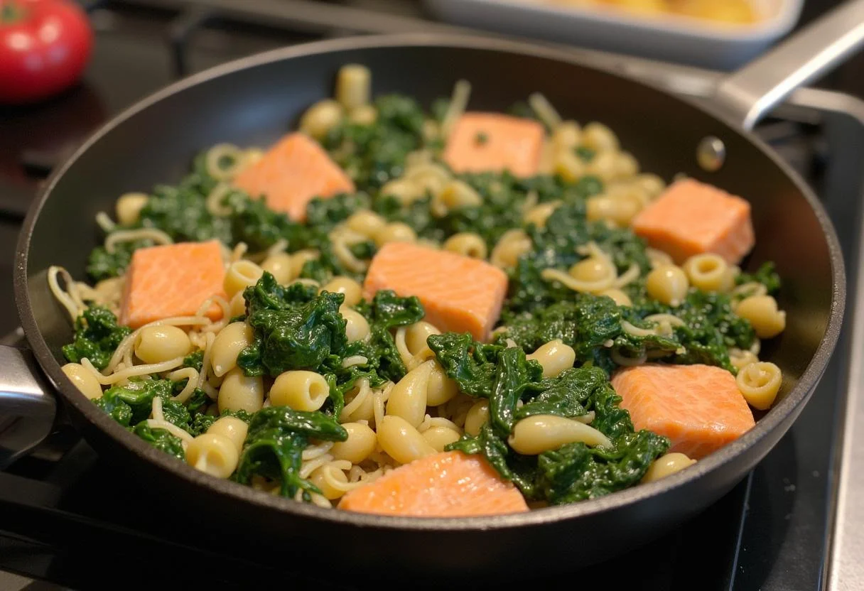 Nudeln mit Spinat und Lachs in einer Pfanne vermischt.