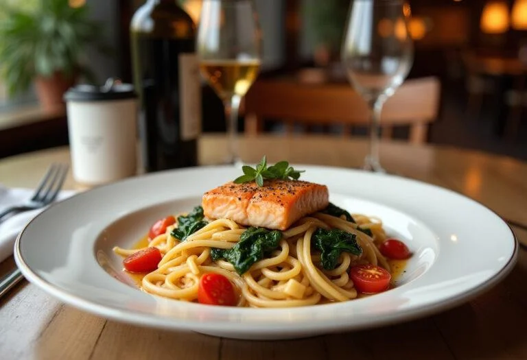 Finished pasta mit lachs und spinat presented on a table, perfect for a delightful meal.