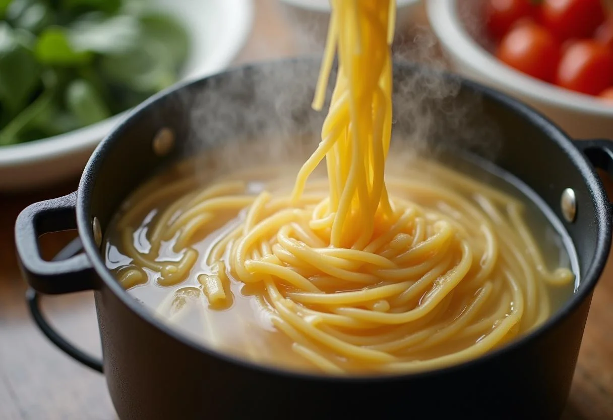 Pasta, die in kochendem Wasser für Pasta mit Lachs und Spinat gekocht wird.