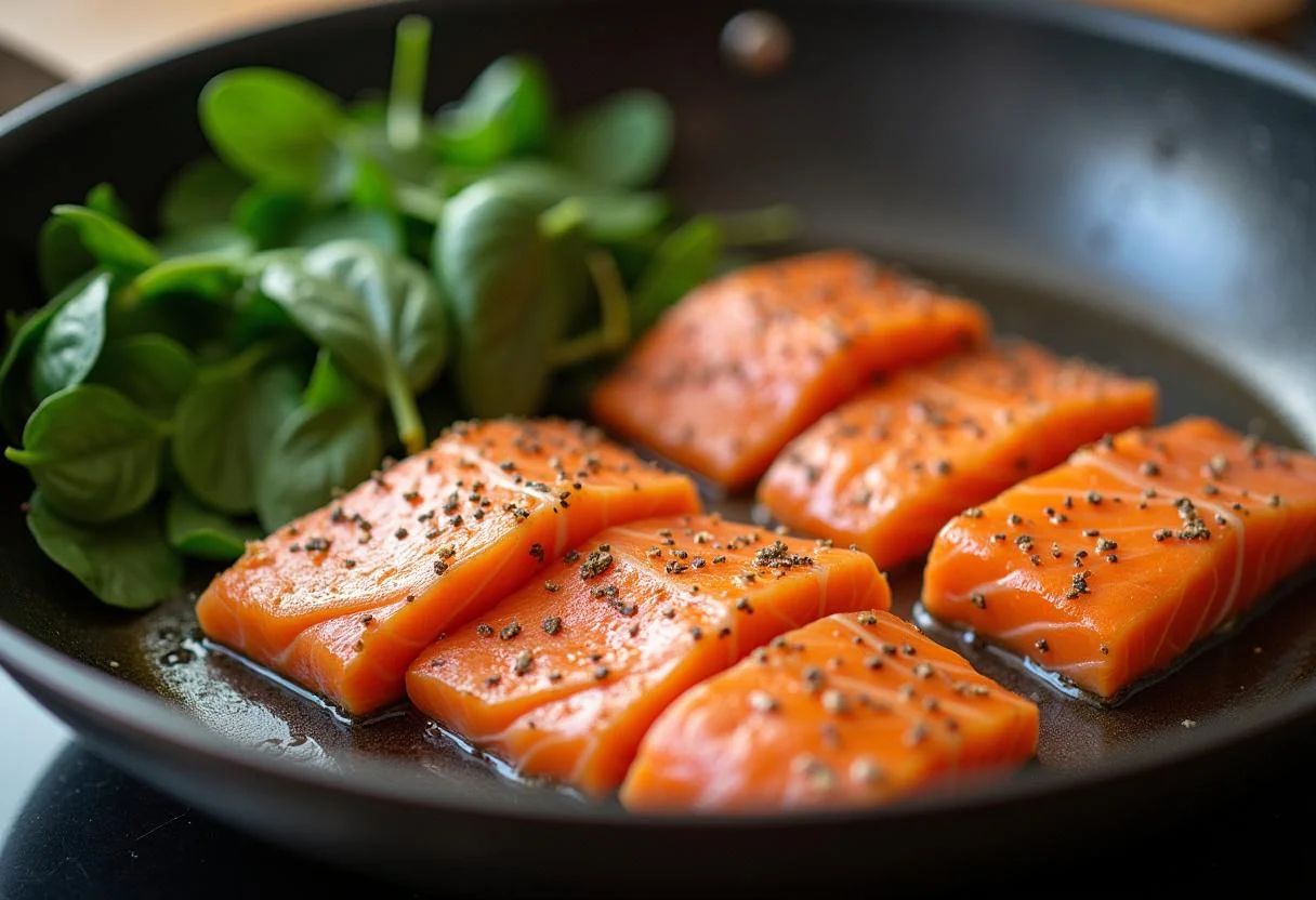 Geschnittener Lachs und Spinat werden für Pasta Lachs Spinat angebraten.