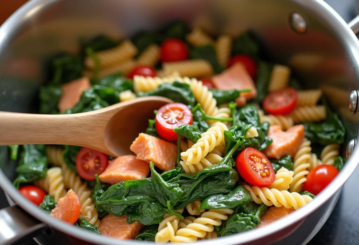 Pasta, Lachs, Spinat und Tomaten werden für Pasta mit Lachs und Spinat kombiniert.