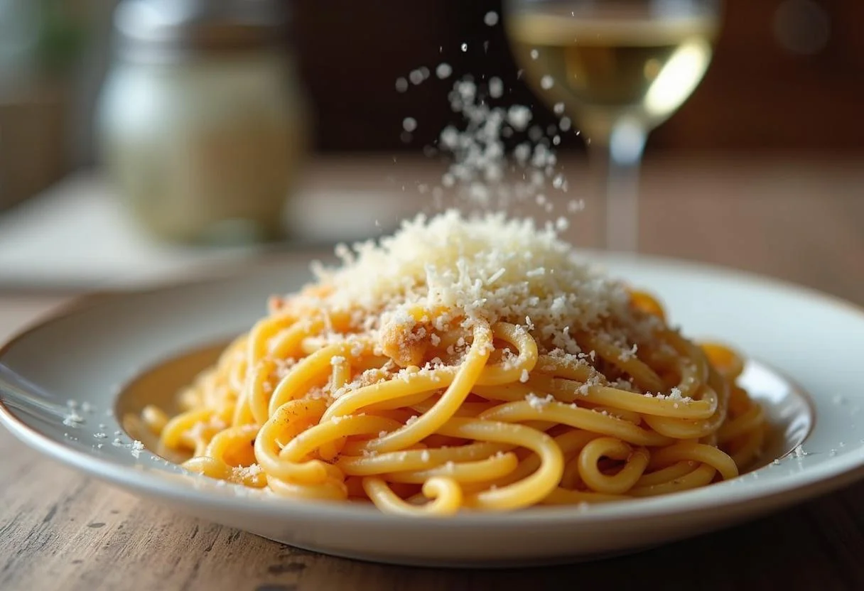 Pasta Lachs Spinat mit Parmesan garnieren für eine köstliche Präsentation.