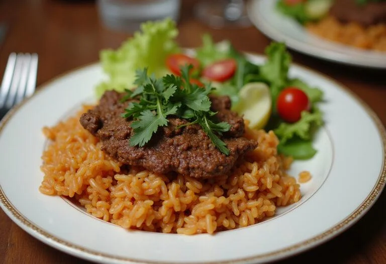Vollendetes Rezept Schnell Reis-Hackfleisch-Pfanne, serviert auf einem Esstisch mit frischen Kräutern.