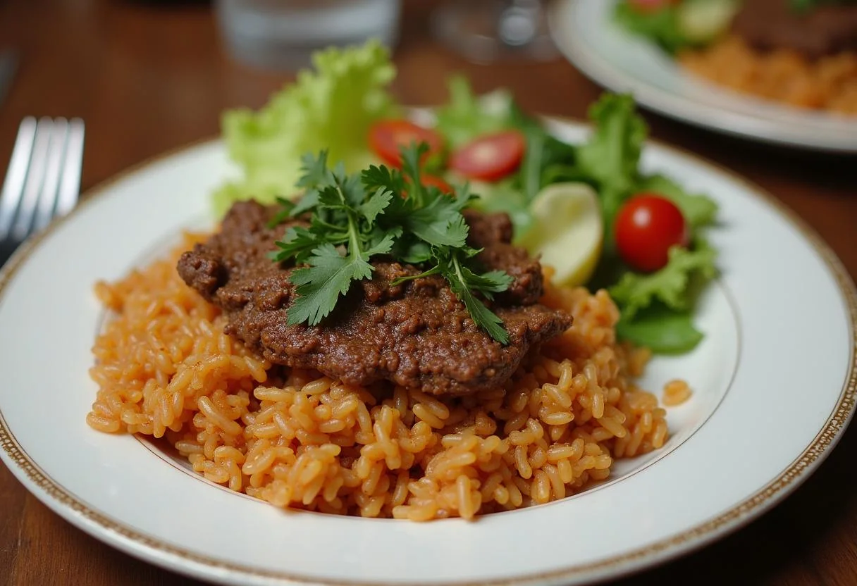 Vollendetes Rezept Schnell Reis-Hackfleisch-Pfanne, serviert auf einem Esstisch mit frischen Kräutern.