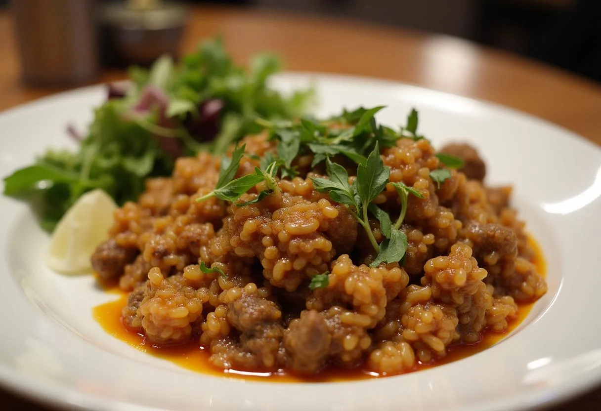 Vollendetes Rezept Schnell Reis-Hackfleisch-Pfanne, serviert auf einem Esstisch mit frischen Kräutern.