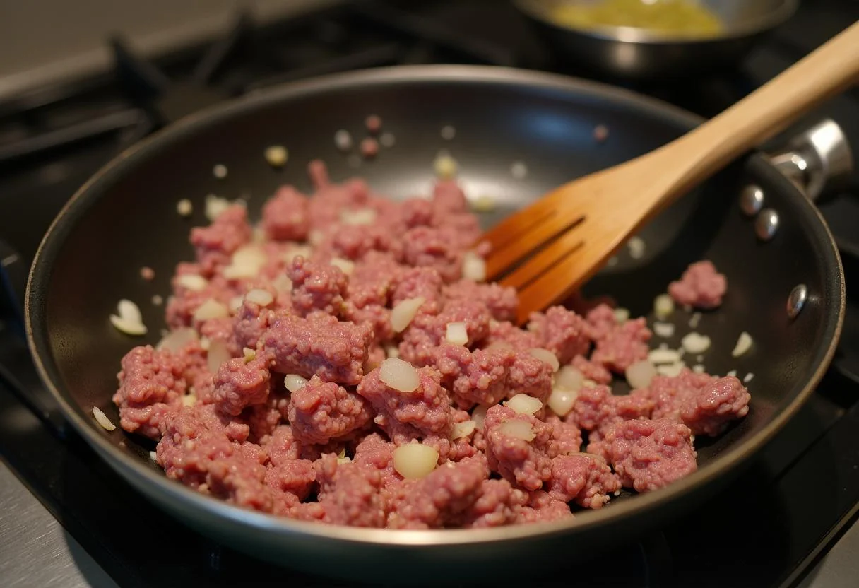 Reis Hackfleisch in einer Pfanne wird mit Zwiebeln und Knoblauch angebraten für das Rezept Schnell Reis-Hackfleisch-Pfanne.
