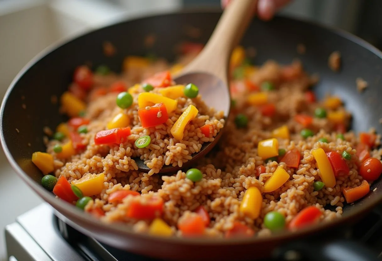 Paprika und Reis werden zu dem angebratenen Hackfleisch hinzugefügt für Schnelle Reis-Hackfleisch-Pfanne.