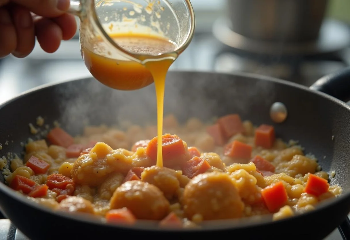Brühe wird in die Pfanne mit Reis und Hackfleisch gegossen für das Rezept Schnell Reis-Hackfleisch-Pfanne.