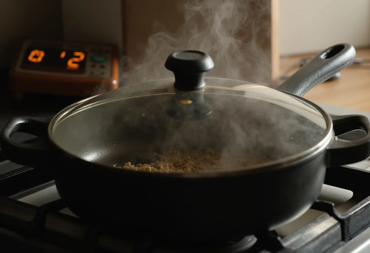 Die Pfanne mit Reis und Hackfleisch köchelt auf dem Herd für das Rezept Schnell Reis-Hackfleisch-Pfanne.
