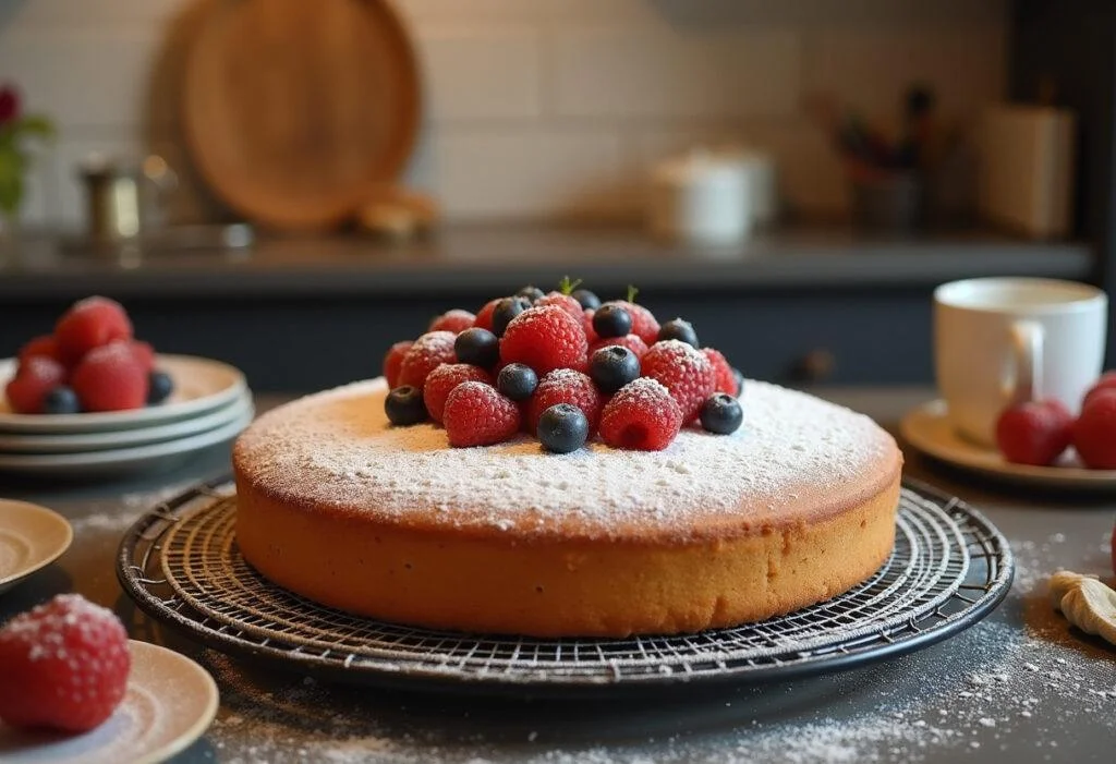 Fertiger schneller Kuchen mit Thermomix dekoriert mit Puderzucker und frischen Früchten.