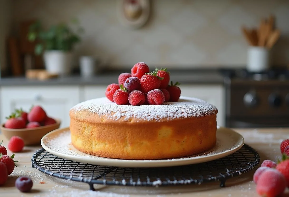 Fertiger schneller Kuchen mit Thermomix dekoriert mit Puderzucker und frischen Früchten.