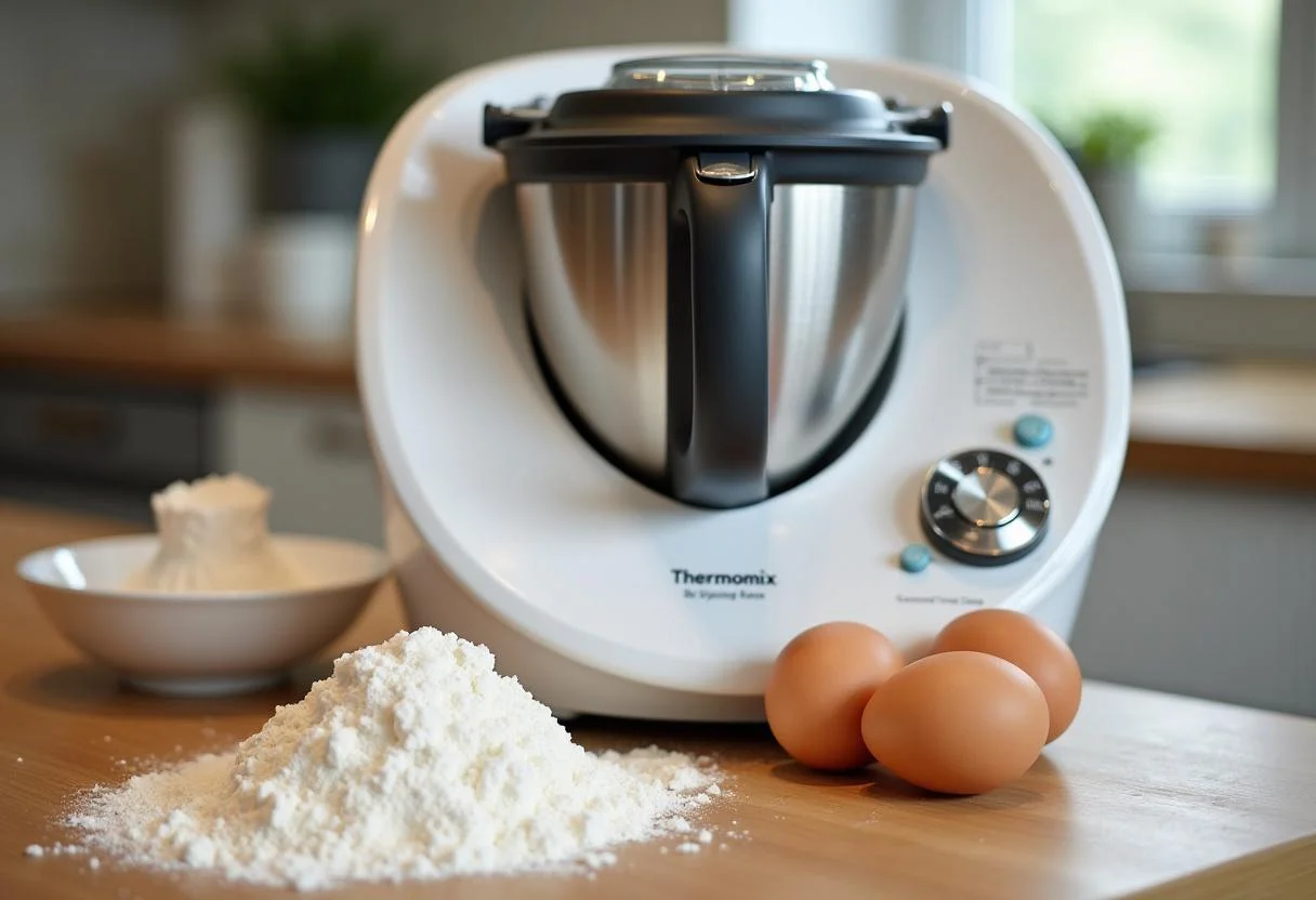 Zutaten für schnellen Kuchen mit Thermomix auf einem Küchentisch bereitgestellt.