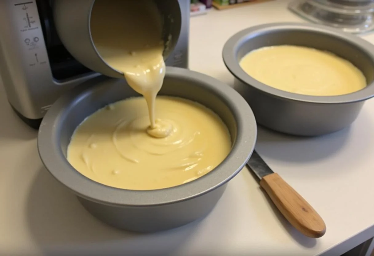 Kuchenteig wird aus dem Thermomix in eine Backform gegossen für schnellen Kuchen im Thermomix.